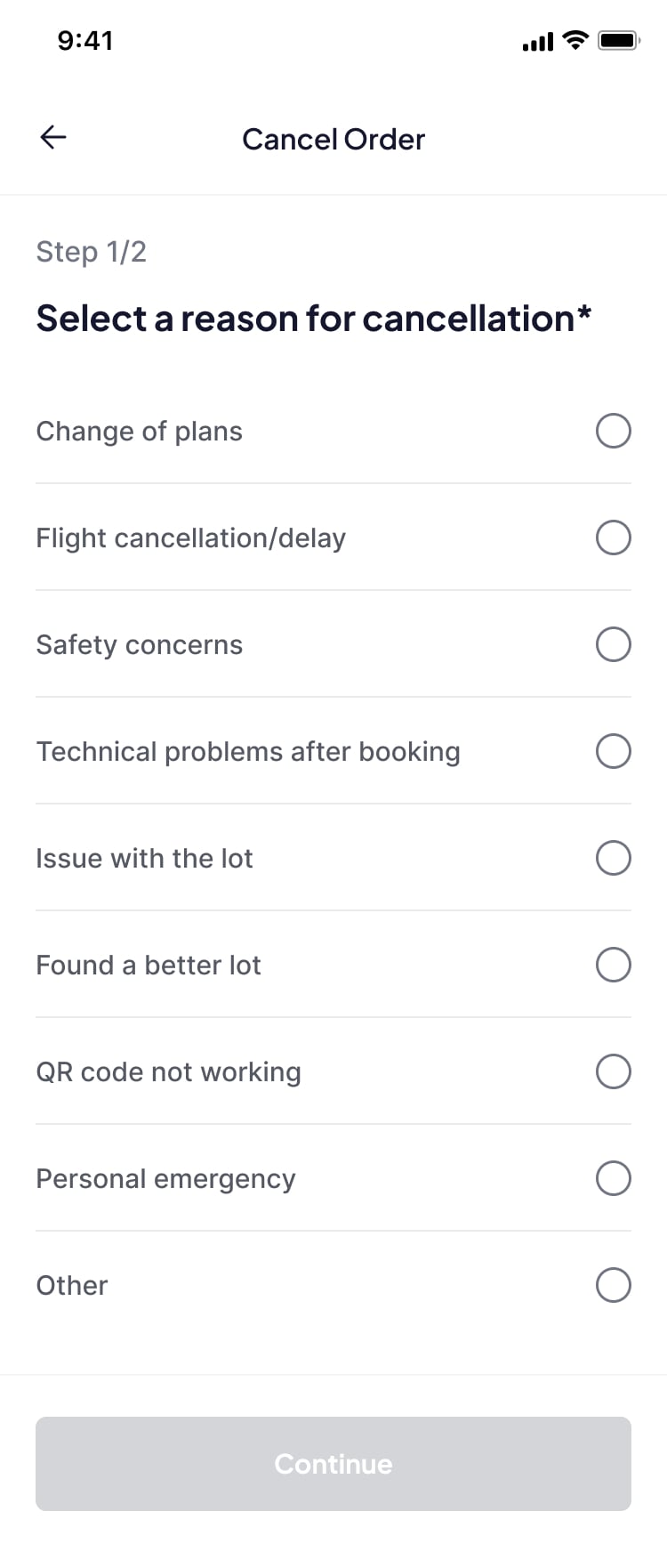 reason for cancellation screen