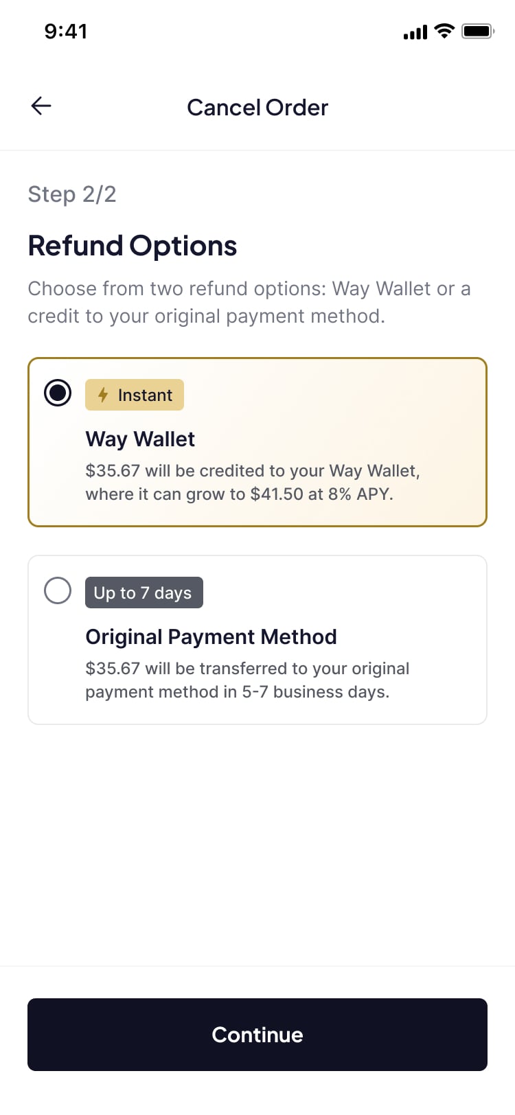 refund options choosing screens