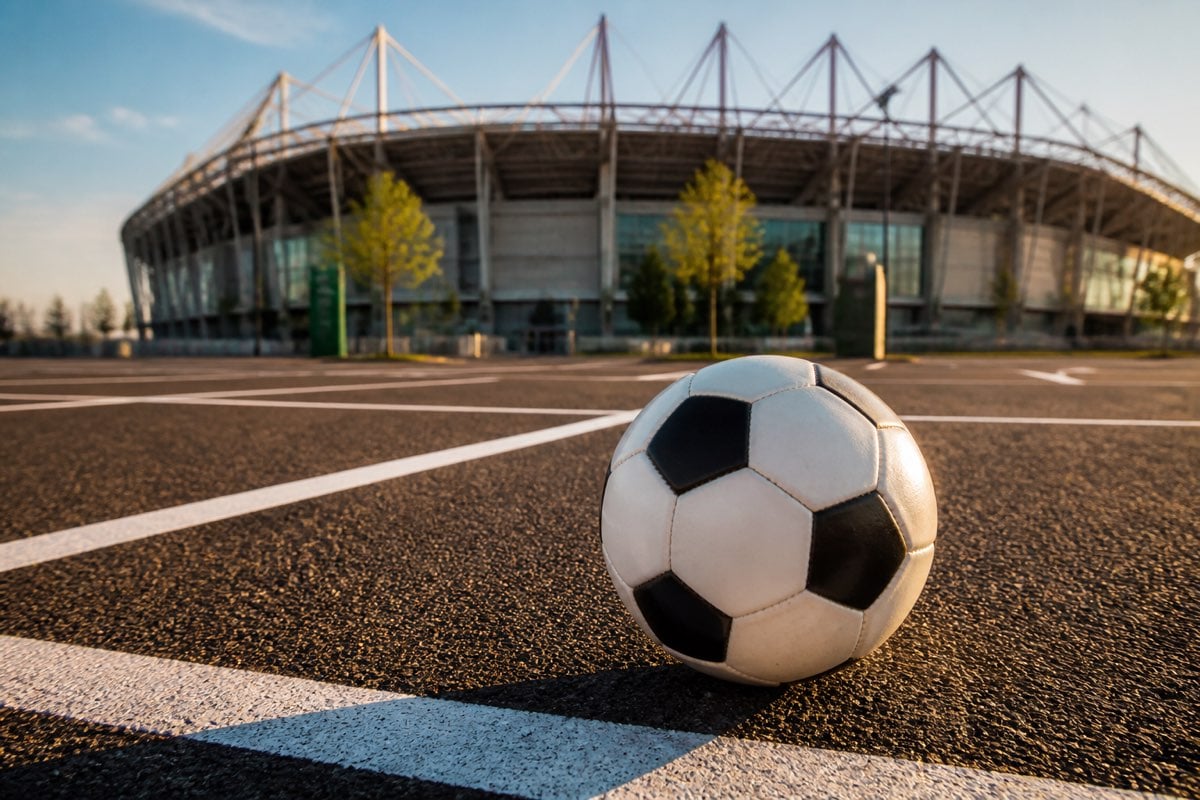 A soccer ball on a parking lot with a stadium in the background
